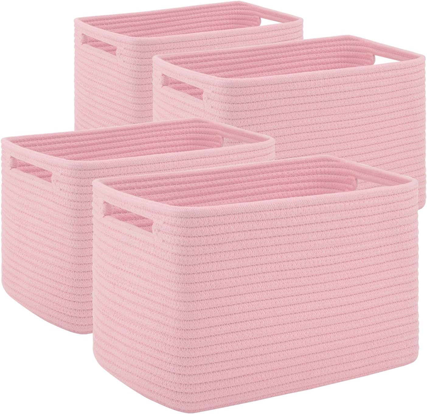 4 Pack Storage Baskets for Organizing Toys, Towels, and Clothes, Woven Basket for Shelves, Sturdy Nursery Cube Bins for Storage, 13''L x9''W x7.8''H, Pink