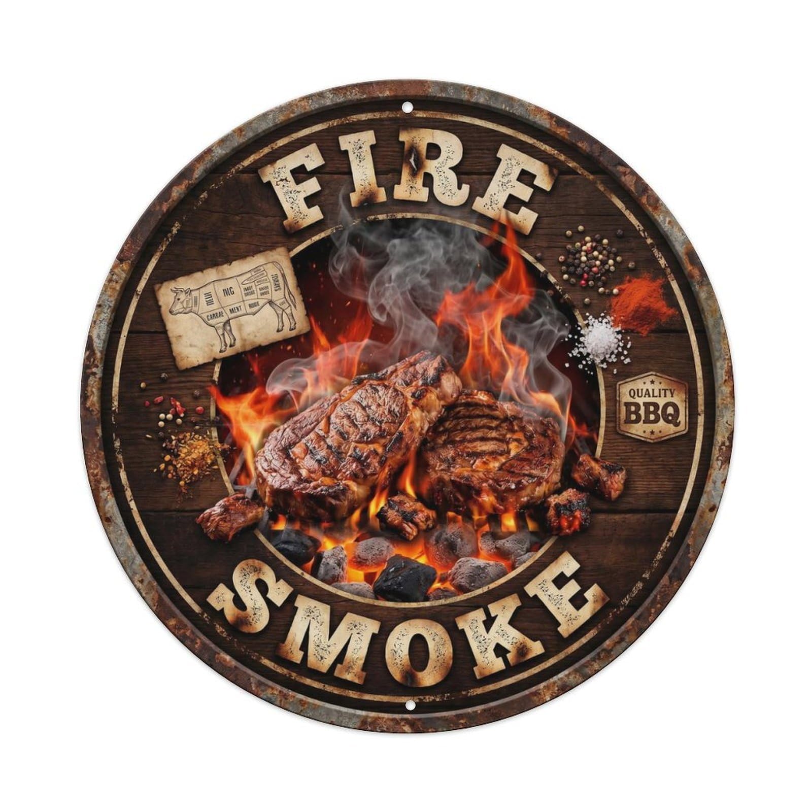 BBQ Barbecue Fire Smoke Vintage Metal Tin Sign Plaque Wall Decor for Cafe, Club, Garden Round Metal Poster 8x8Inch
