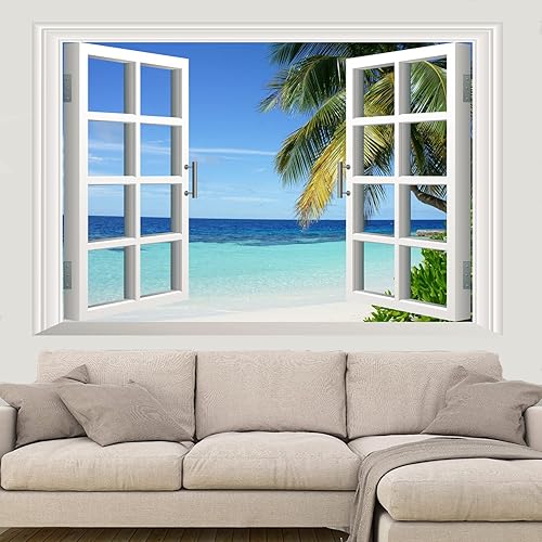Miniatura 2 de Adhesivo de pared para ventana de playa paisaje marino palmera calcomanías de pared extraíbles para ventana de mar tropical para decoración de sala