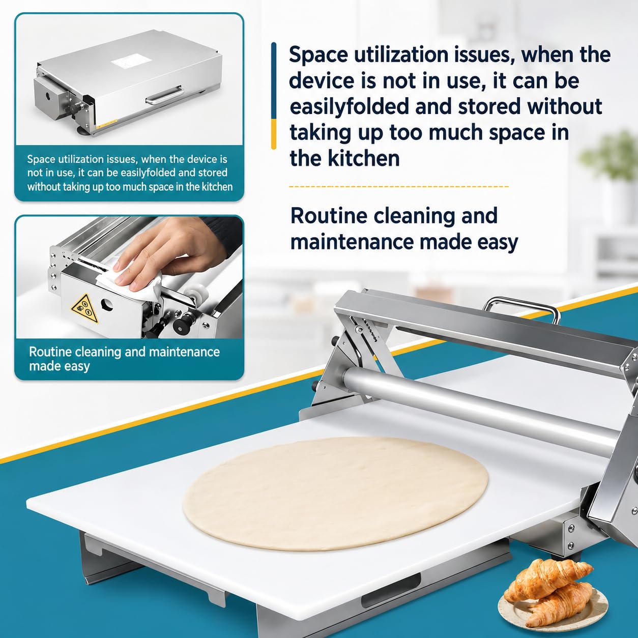 Faltbare Teigausrollmaschine 400 | Manuelle Teigrolle mit einstellbarer Dicke für Blätterteig, Croissants, Pizzateig und Backwaren