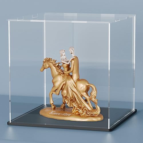 Vitrina con base de terciopelo azul, caja de exhibición simple de acrílico transparente con tapa, caja cúbica de 6.0 pulgadas para colecciones,