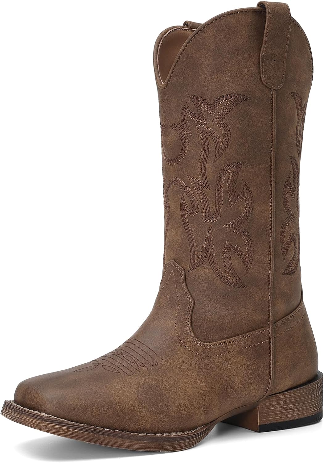 DREAM PAIRS Cowboy Cowgirl Boots for Women Wide Square Toe Western Mid Calf Pull-On Embroidered Stitched Retro Boots