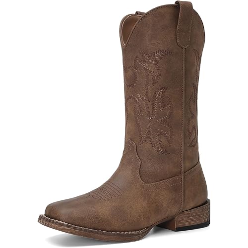 DREAM PAIRS Cowboy Cowgirl Boots for Women Wide Square Toe Western Mid Calf Pull-On Embroidered Stitched Retro Boots