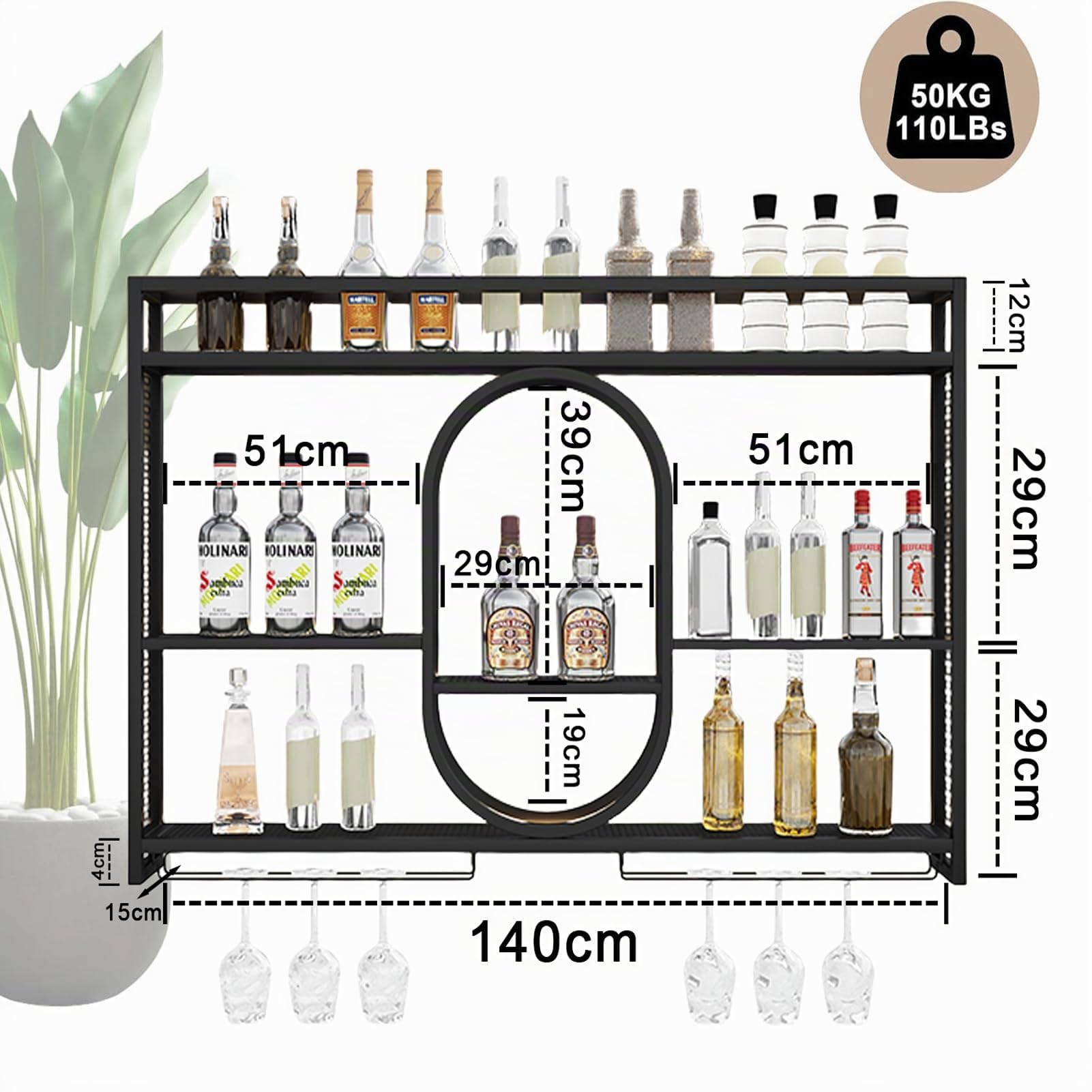 Metallo Vino Portabottiglie Da Parete Con LED,Con Portabottiglie Industriali A Parete Homebar, Cucina, Catering(Black,1.4m)
