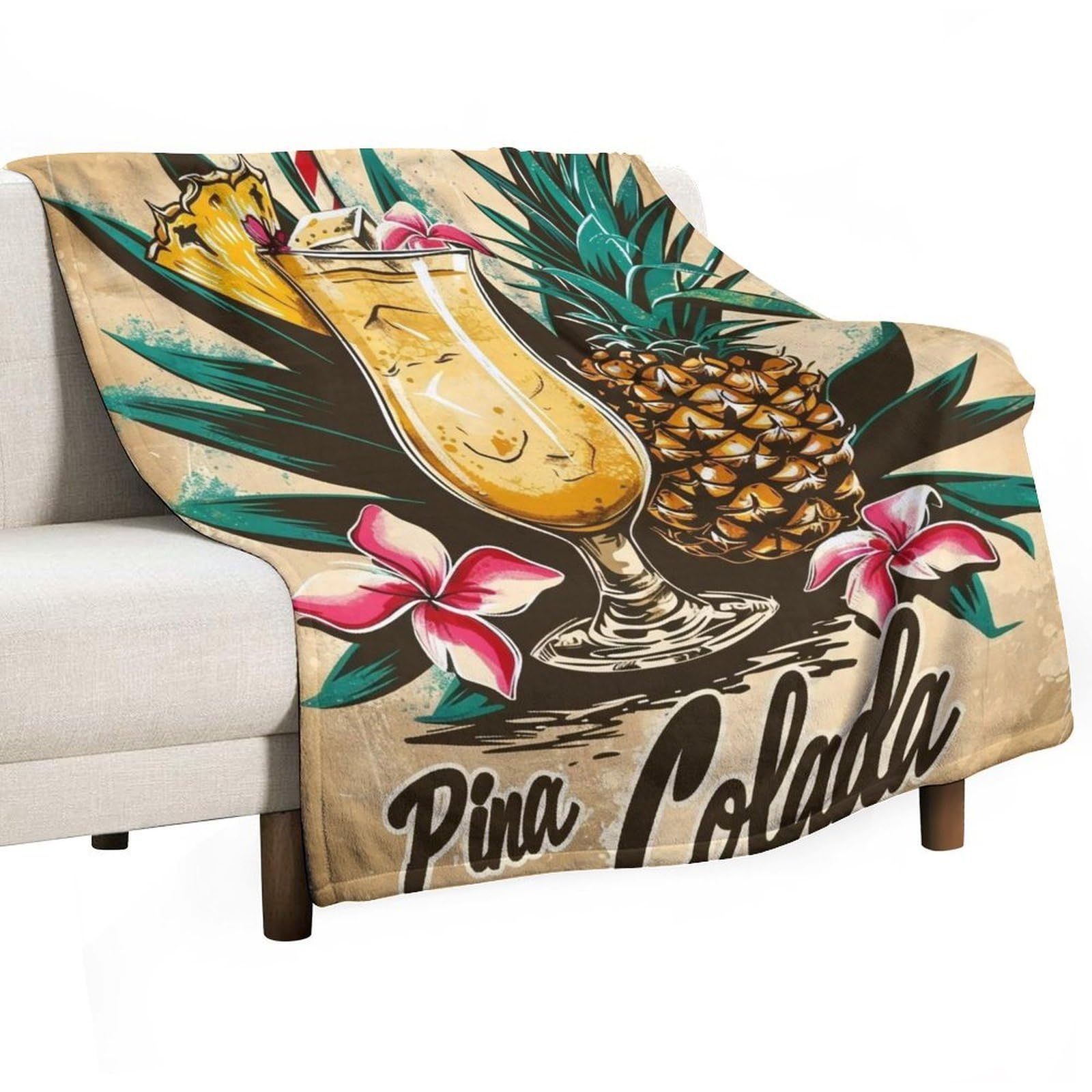 YHGSREUOH Linocut-Tiki-Bar-Pina-Colada-Drink-Fruit_01 Flannel Blankets Fleece Soft Throw Lightweight Plush Gifts for Couch, Bed, Cozy Sofa Plush, Chair, Lovers 175x200cm(70x80in)