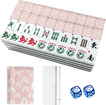 American Mahjong Tile Set Hand Drawn Seamless Pink Pastel Rainbows Summer for Design 166 Acrylic Mahjong Tiles 1.4" Large Mahjong Game Set with Bag and Accessories for Gift Travel Party