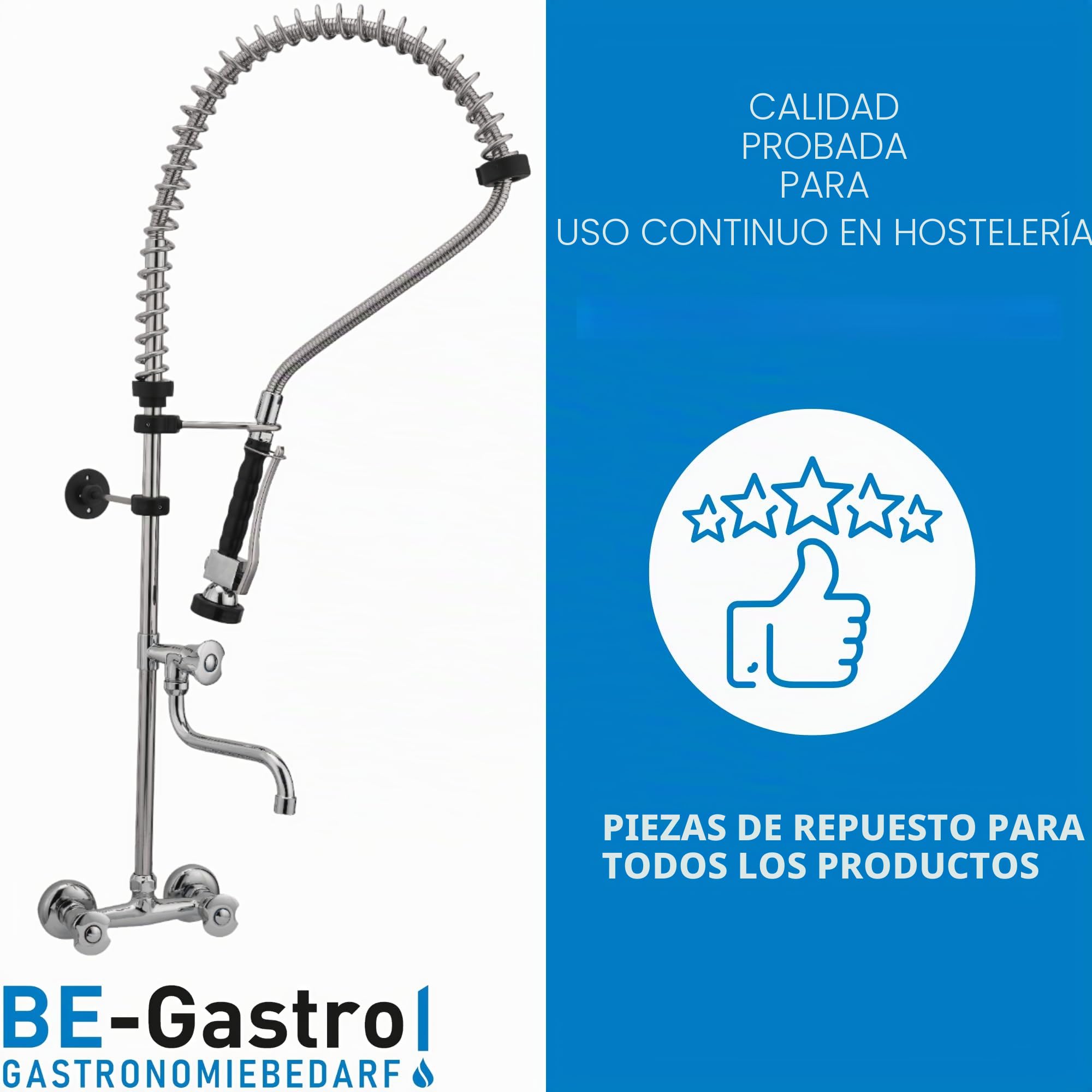 BE-GASTRO I Grifo Industrial Hostelería - Grifo de cocina con dos orificios (incluye grifo, grifo mezclador y mango ergonómico de palanca I Ducha gastronómica con accesorios, grifo de pared