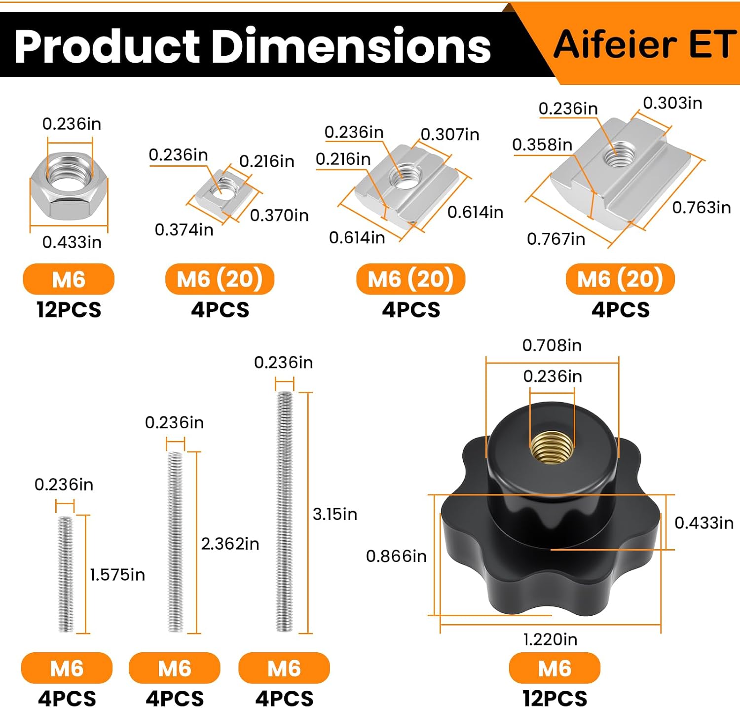Aifeier ET 12 Sets M6 Clamping Knurled Thread Knob Assortment Kit, Screw-On Type 7-Star Shaped Black Nylon Through Hole Tighten Hand Thru Screw Grips with T Nuts, Hex Nuts, Bolts