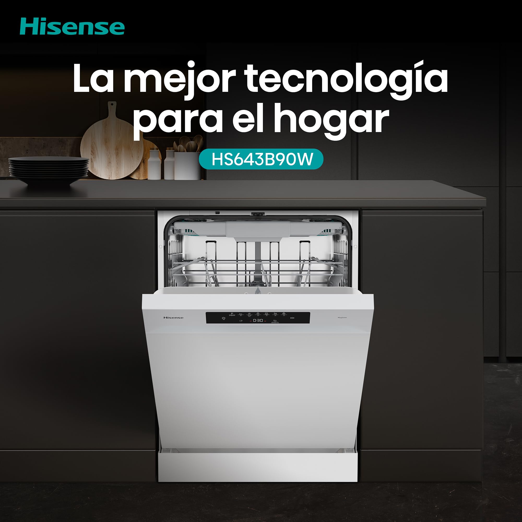 Hisense HS643B90W - Lavavajillas Clase B, 15 Servicios, Fondo 60cm, Secado Extra, Programa Automático, Tercera Bandeja, Programa Corto 1 hora, 15 Servicios, Aqua Protect System, Control Táctil, Blanco