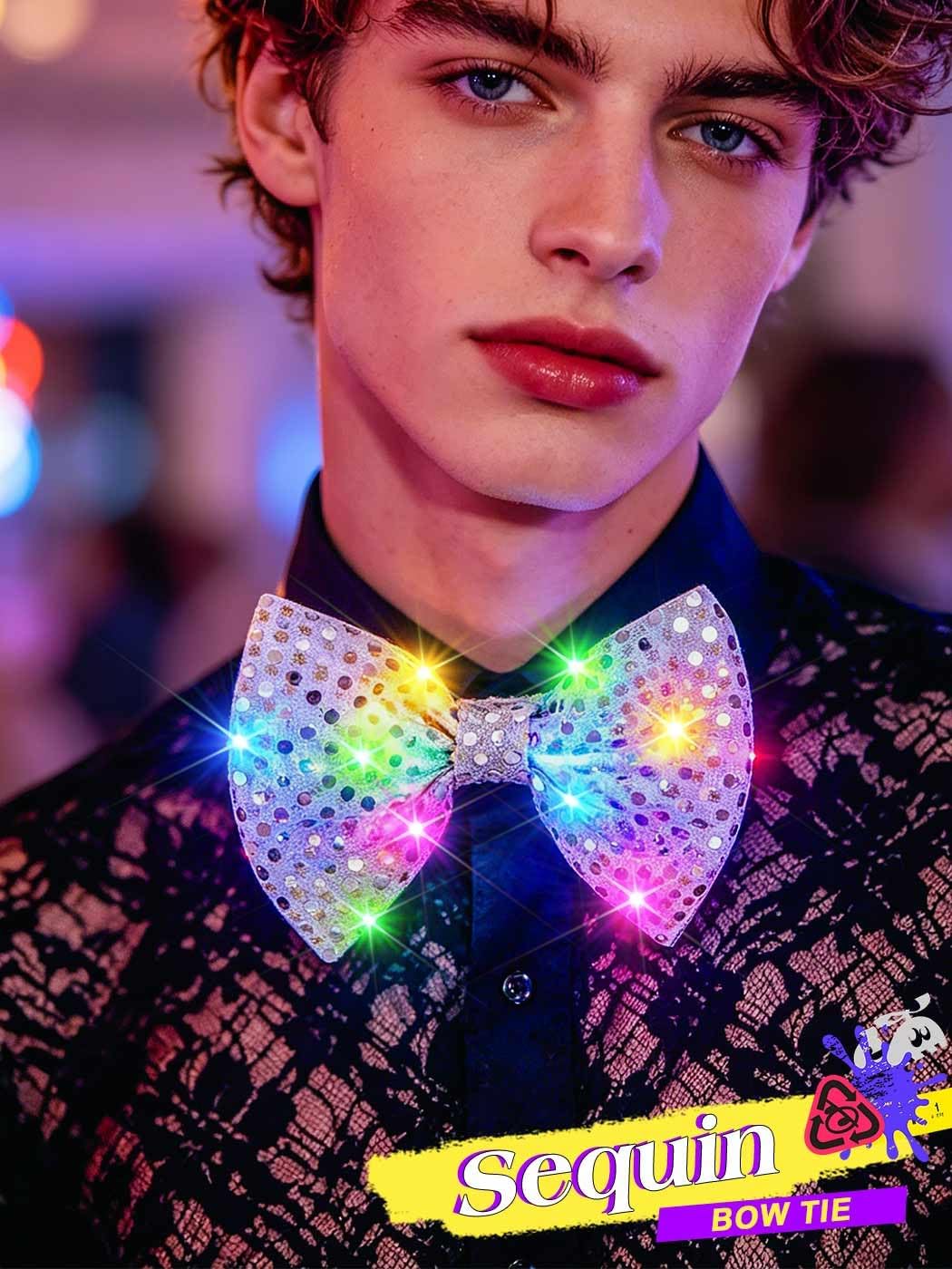 Yonamix Light Up Bow Tie Silver Rave Party Sequin Bowtie for Men | LED Glow in the Dark Bowties Nightclub Accessories for Adult