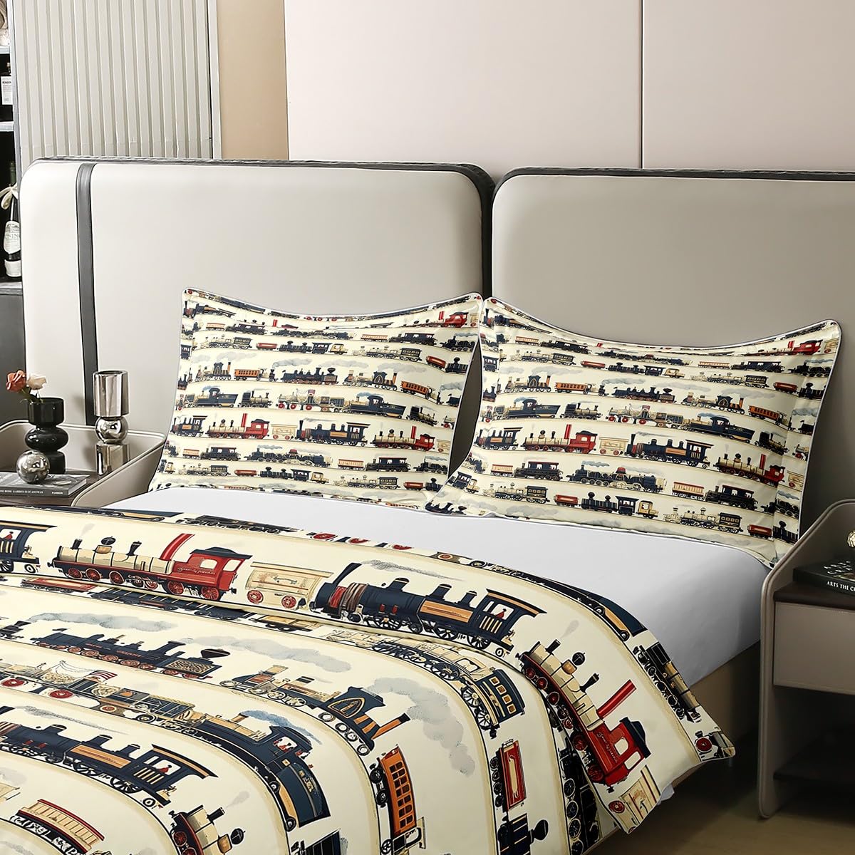 Loussiesd Kinder Vintage Zug 100% Baumwolle Bettwäsche Set 135x200cm Retro Dampfmaschine Zug Bettbezug für Kinder Mädchen Jungs Betten Retro Vintage Fahrzeug Bettwäsche-Set