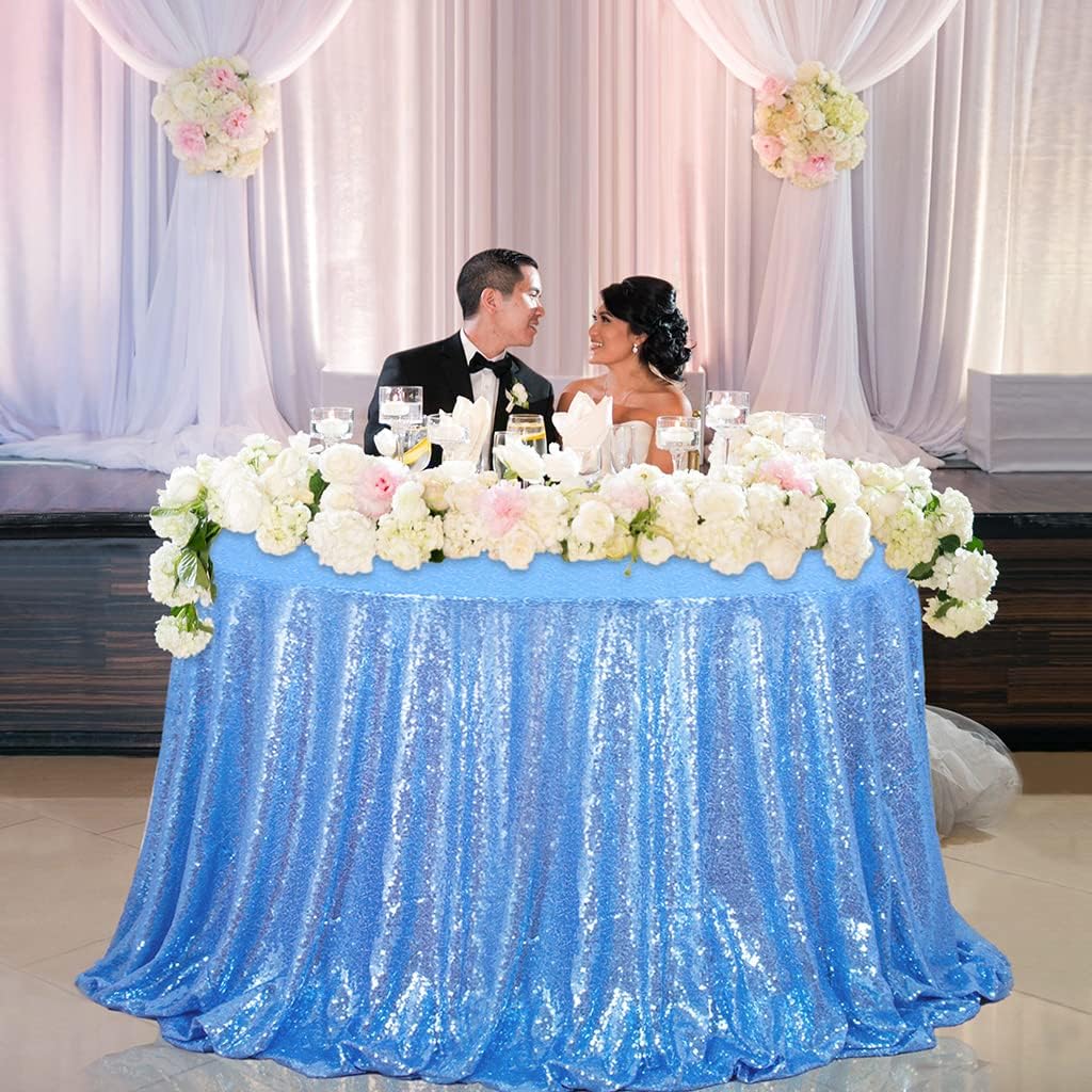 AIXHN Sequin Tablecloth Babyblue 108" Round Sparkly Elegant Drape Sequin Tablecloth for Wedding Party Cake Dessert Events Christmas Decorations