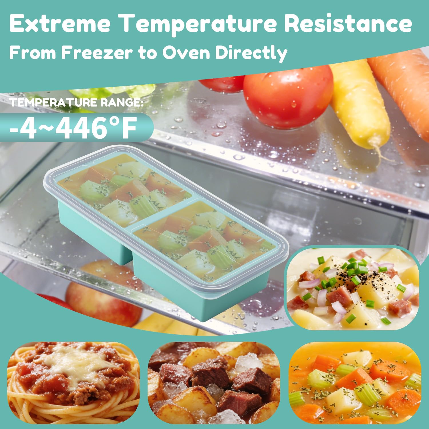 Bandejas de silicona para congelador con tapas, paquete de 2, moldes apilables para congelador de sopa con borde reforzado de acero, bandejas de silicona grandes para congelar caldo, salsa y