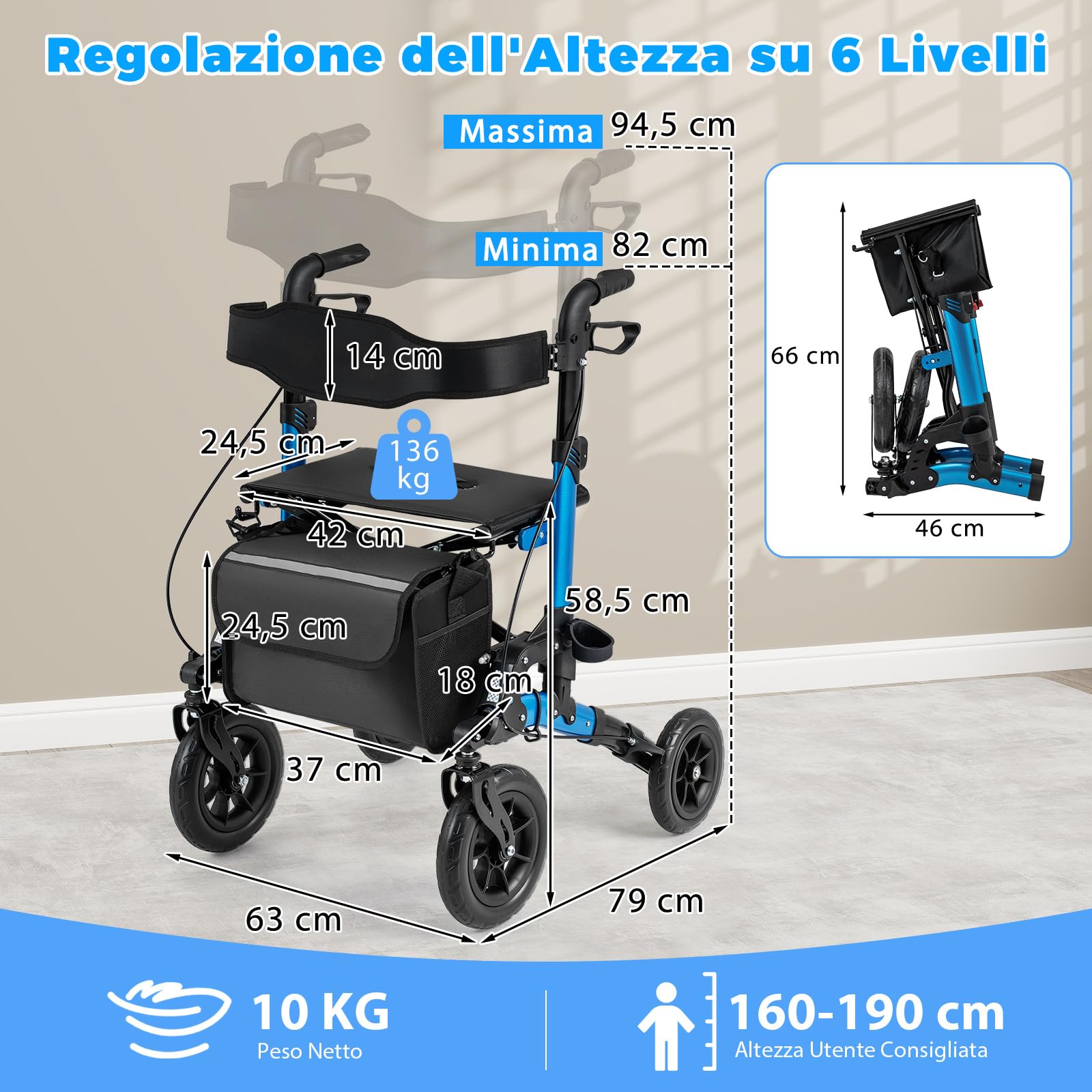 COSTWAY Deambulatore a Rotelle per Anziani, 2 in 1 Deambulatore Pieghevole con Seduta, Ammortizzatore, Schienale in Rete, Sospensione a Molla, 4 Ruote, Portacanne e Borsa Portaoggetti (Blu)