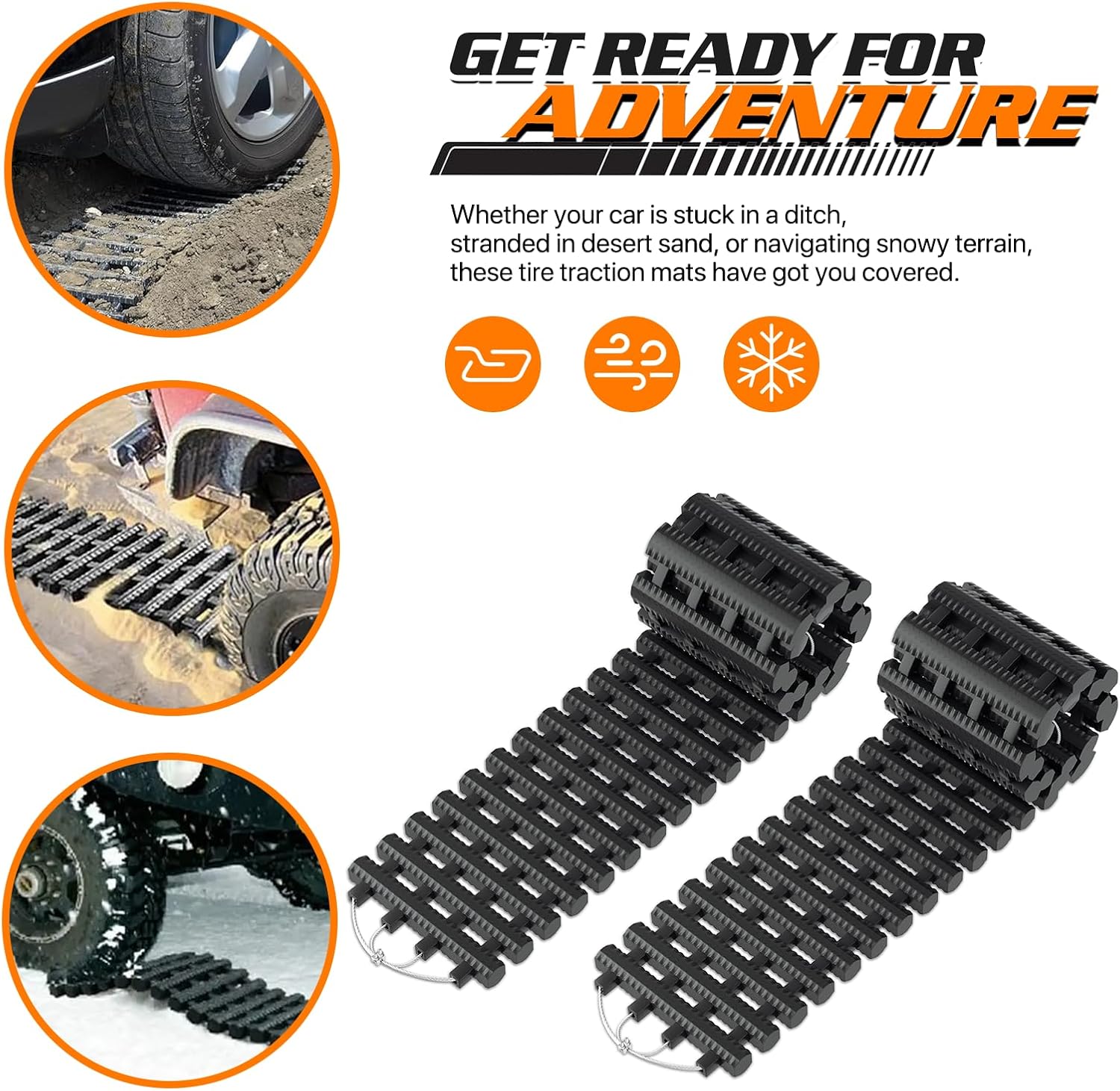 M-AUTO 2-Pack Traction Mat with Bag, Portable Recovery Tracks Mat for Car/Truck/Van Tires to Get Unstuck from Snow, Sand, Mud, 47" Rollable Snow Tire Traction Car Escape Mat, Load 7.7 Ton