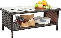 Vista 10 de Mesa de centro de mimbre para exteriores, muebles de patio, ratán de jardín, mesa de vidrio de 2 capas con almacenamiento y cubierta para muebles