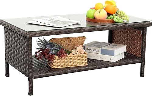 Miniatura 10 de Mesa de centro de mimbre para exteriores, muebles de patio, ratán de jardín, mesa de vidrio de 2 capas con almacenamiento y cubierta para muebles