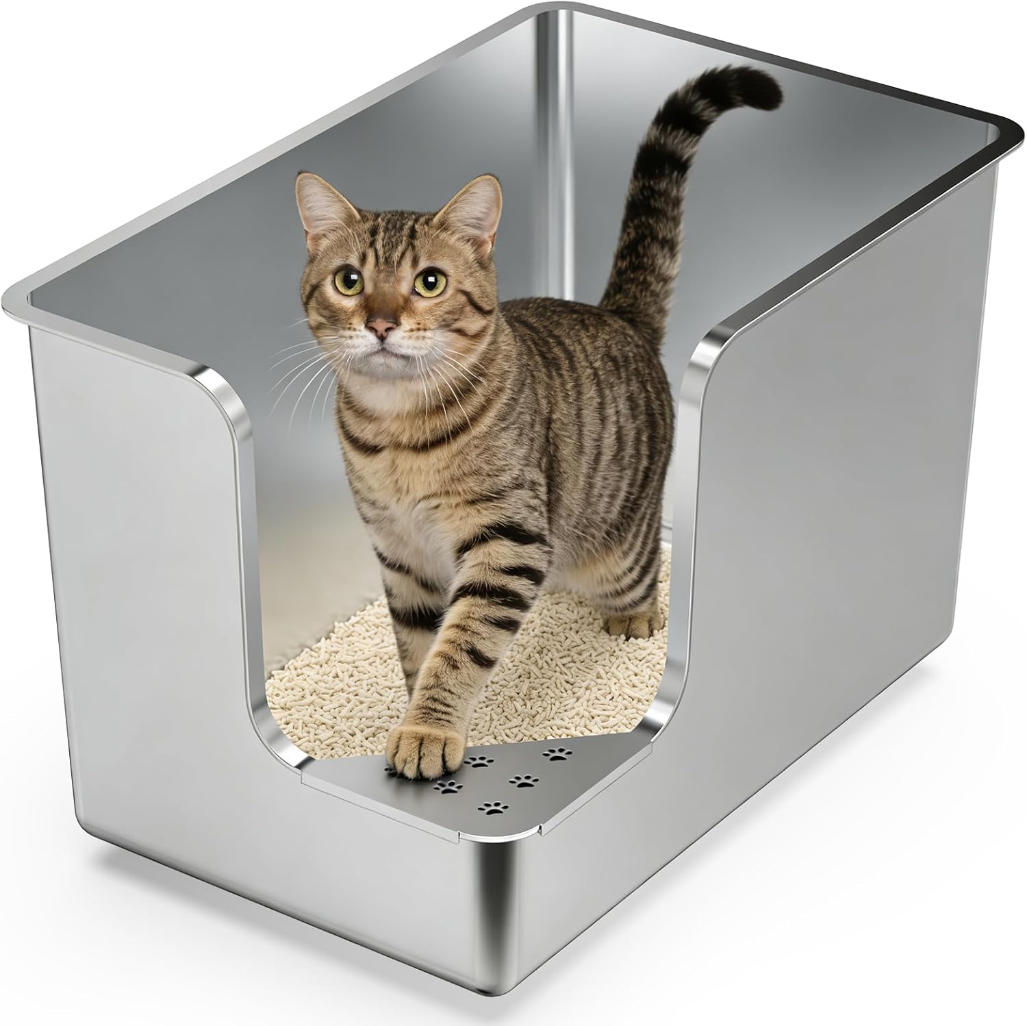 Stainless Steel Litter Box 14.5" High-Side, XL Metal Cat Litter Box, Corner Opening Entry Pet Toilet, Cat Litter Pan with Wheels, Easy to Move, Non-Stick, No Odor, for Big or Multiple Cats