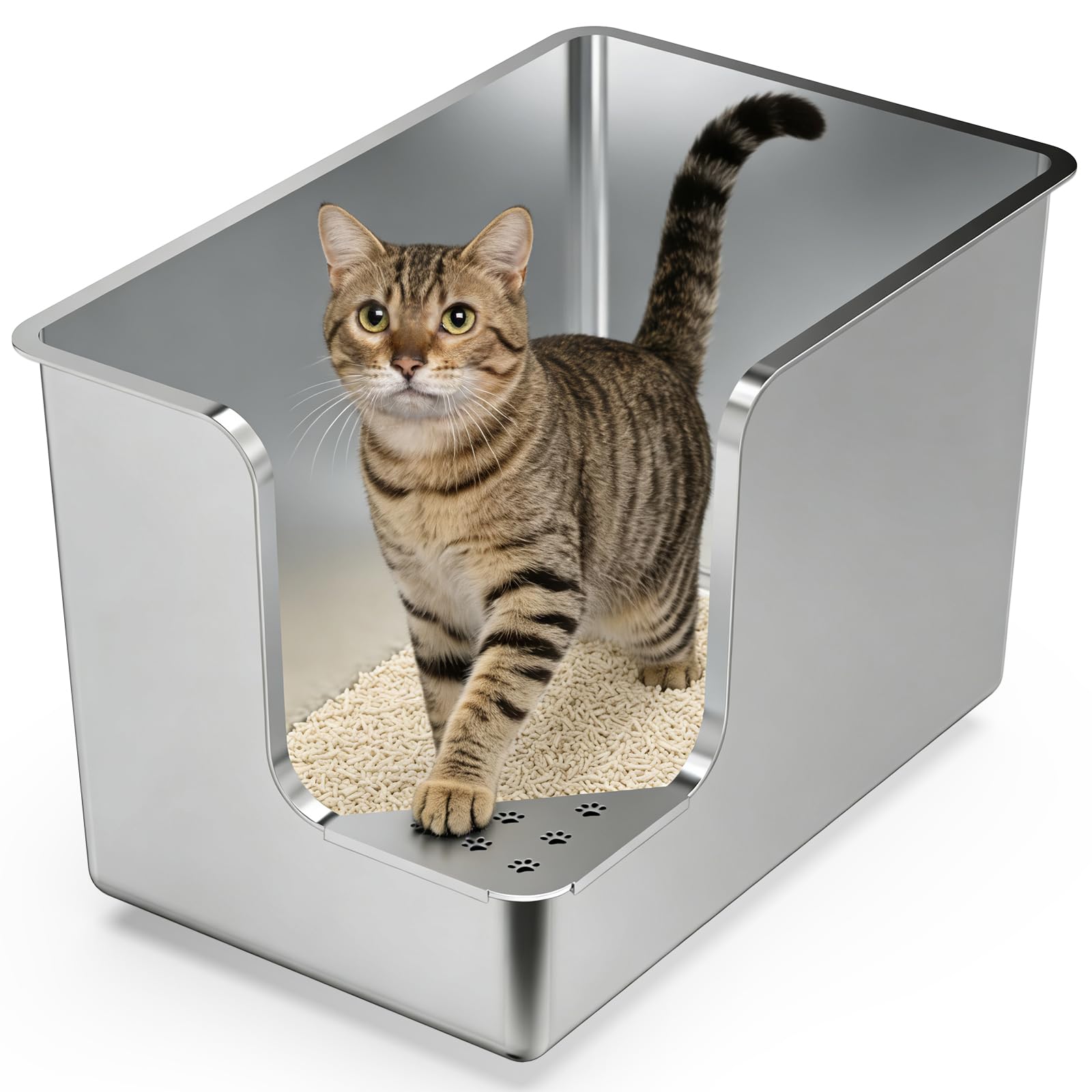 Stainless Steel Litter Box 14.5" High-Side, XL Metal Cat Litter Box, Corner Opening Entry Pet Toilet, Cat Litter Pan with Wheels, Easy to Move, Non-Stick, No Odor, for Big or Multiple Cats