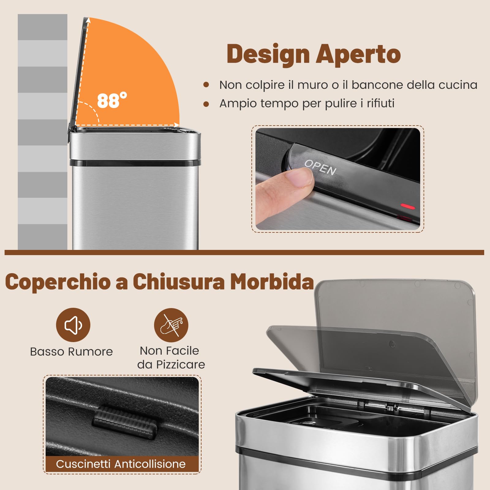 COSTWAY 72L Pattumiera Differenziata, Bidone della Spazzatura in Acciaio Inox con 3 Scomparti e Sensore di Movimento, Coperchio a Chiusura Morbida, Ideale per Casa Ufficio (Argento)