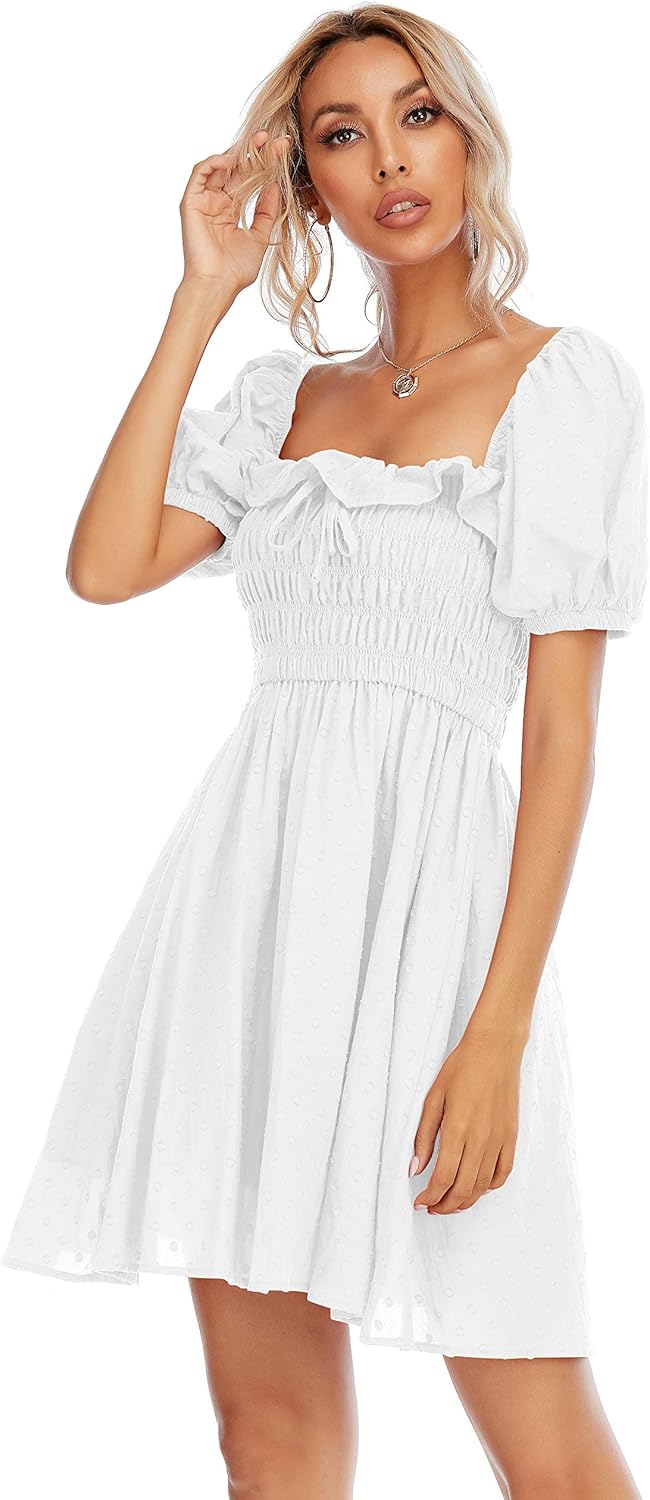R.Vivimos Women's Summer Cotton Short Sleeve Square Neck Elastic Smocked Ruffle Floral Print Swing Mini Dress