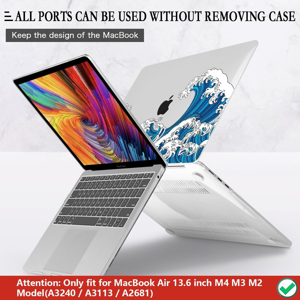 CISSOOK Wave Case for MacBook Air 13.6 inch 2025 2024 2023 2022 Release, Ocean Hard Shell Cover for MacBook Air 13.6 Touch ID Model A2681 A3113 A3240 M2 M3 M4 Chip with Keyboard Cover - Great Wave - Image 5