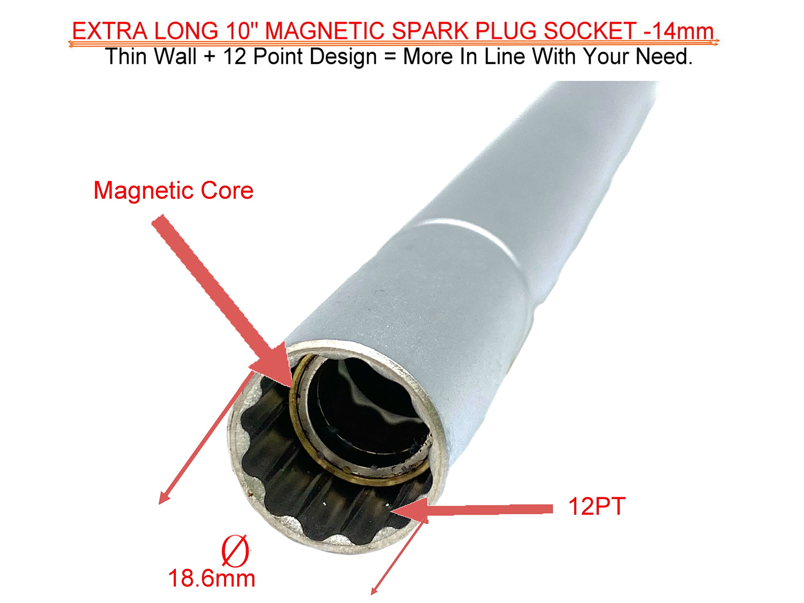 Sterownik 3/8 cala magnetyczny cienkościenny 14 mm gniazdo świecy zapłonowej 12PT (25 cm bardzo długie)