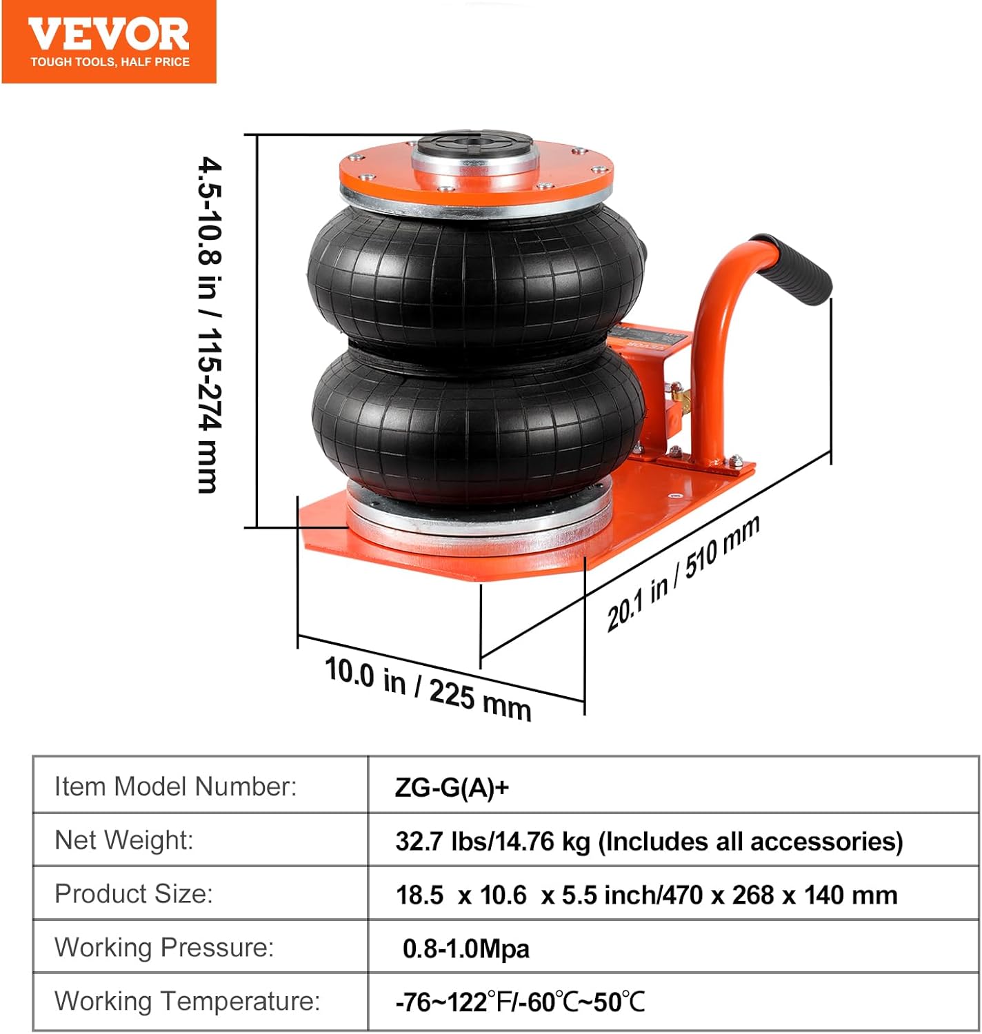 VEVOR Air Jack 3 Ton/6600 lbs Two Bag, Space-Saving Lifting up to 14.3" with 6 Steel Tubes & Thick Rubber Pad, Heightened Column, 3-8S Lifting Pneumatic Air Bag for Car Repair