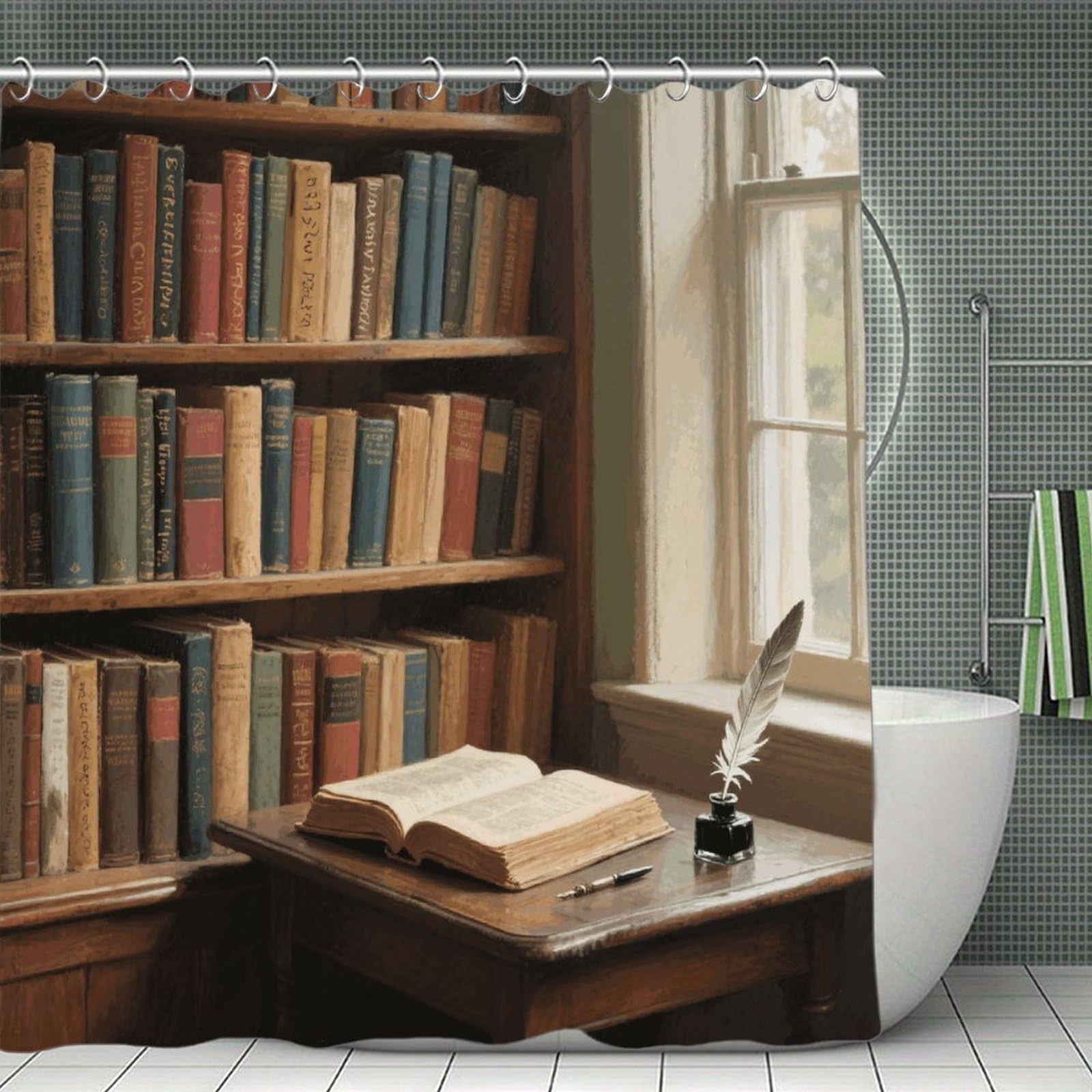 VstaDank Books Shower Curtain Waterproof Bathroom Shower Curtain with C Type Hooks Soft Lightweight Shower Curtains Liner Washable Polyester Cloth Shower Liner 71x71 Inch