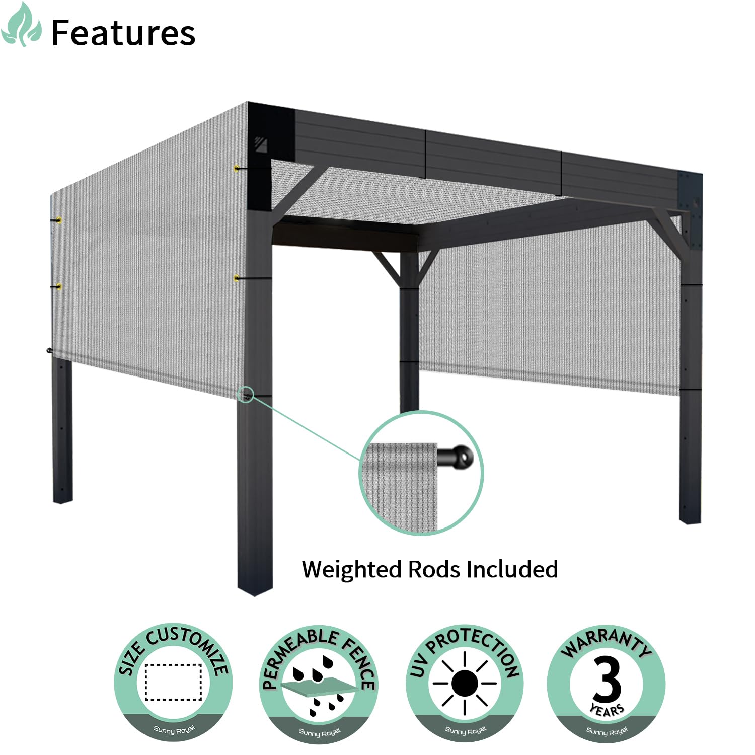 SunnyRoyal Pergola Shade Cover 8' x 12' Replacement Canopy Shade Cover for Pergola with Grommets Sun Shade Cloth Sail for Outdoor Privacy Patio Garden Weighted Rods Included (Light Grey)