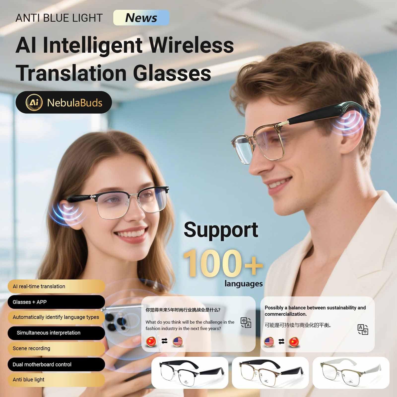 Gafas De Traducción Inteligente Con IA: Compatible Con Más De 100 Idiomas, Traducción Instantánea Bidireccional, Gafas De Traducción Con Protección Contra La Luz Azul Y Audio Panorámico De 360°.