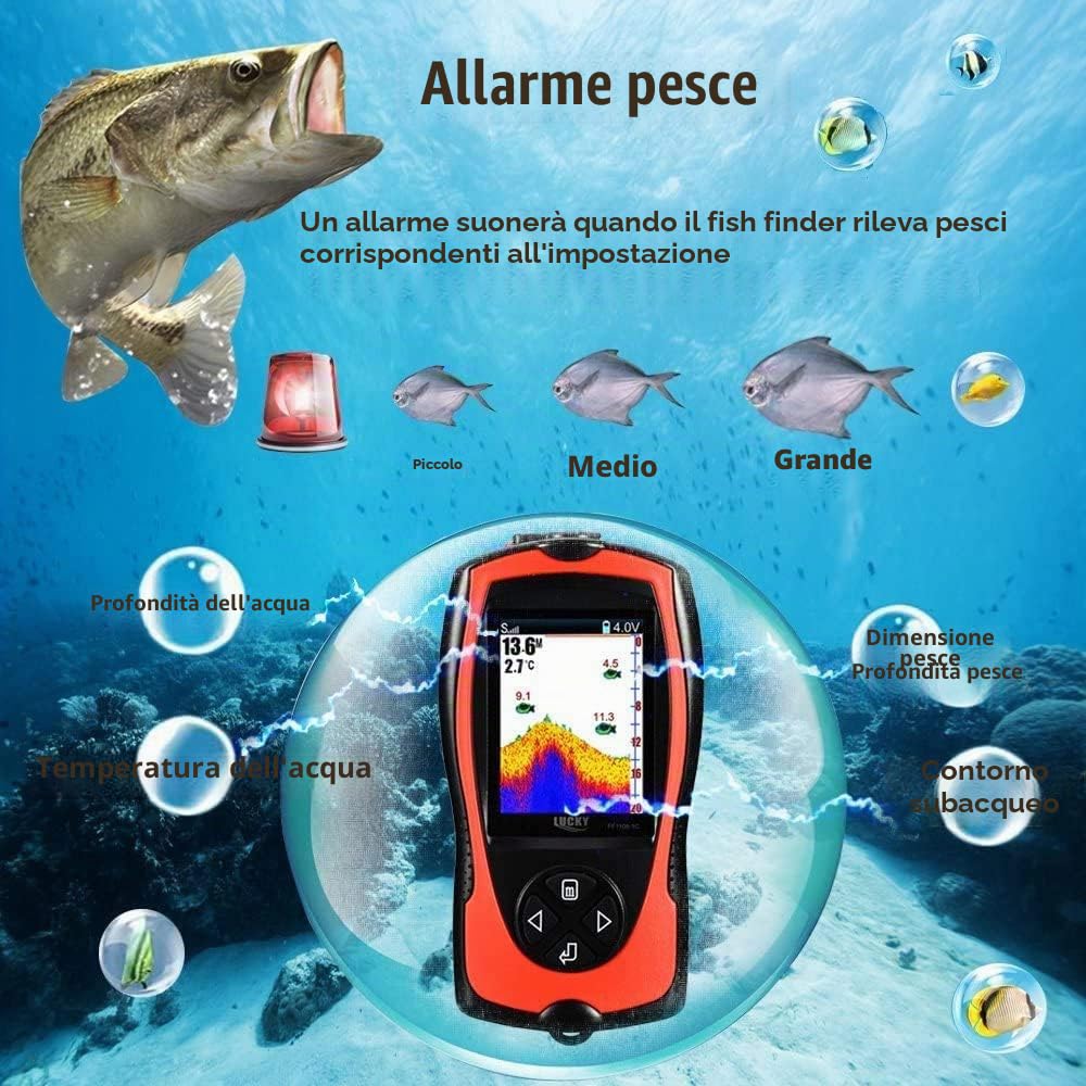 LUCKY Ecoscandaglio da Pesca Portatile Sensore Sonar Trasduttore Cercatore di profondità dell'acqua Schermo a cristalli liquidi Ecoscandaglio Fish Lampada Attraente Sul Ghiaccio Pesca in Mare