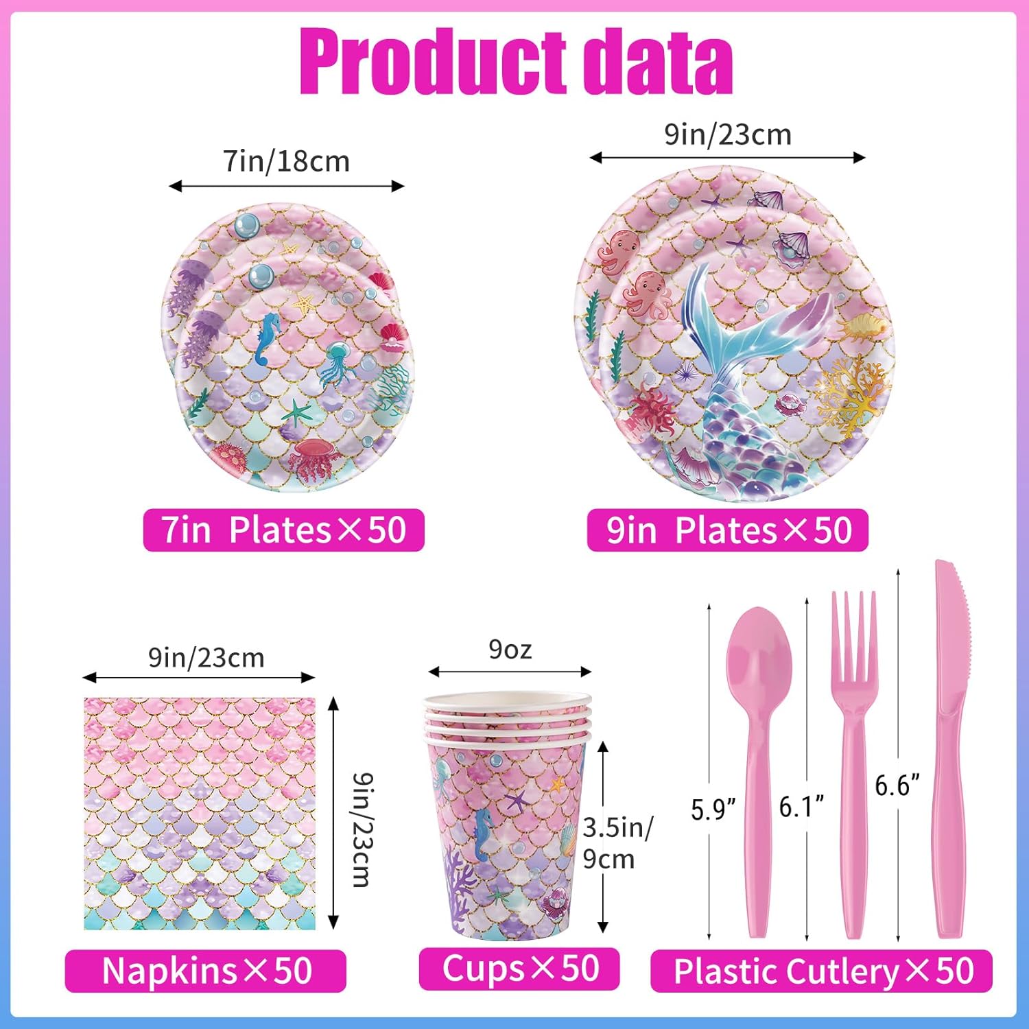 350pcs Mermaid Birthday Party Decorations for 50 Guests Include Paper Plate, Napkin, Cup and Disposable Plastic Cutlery