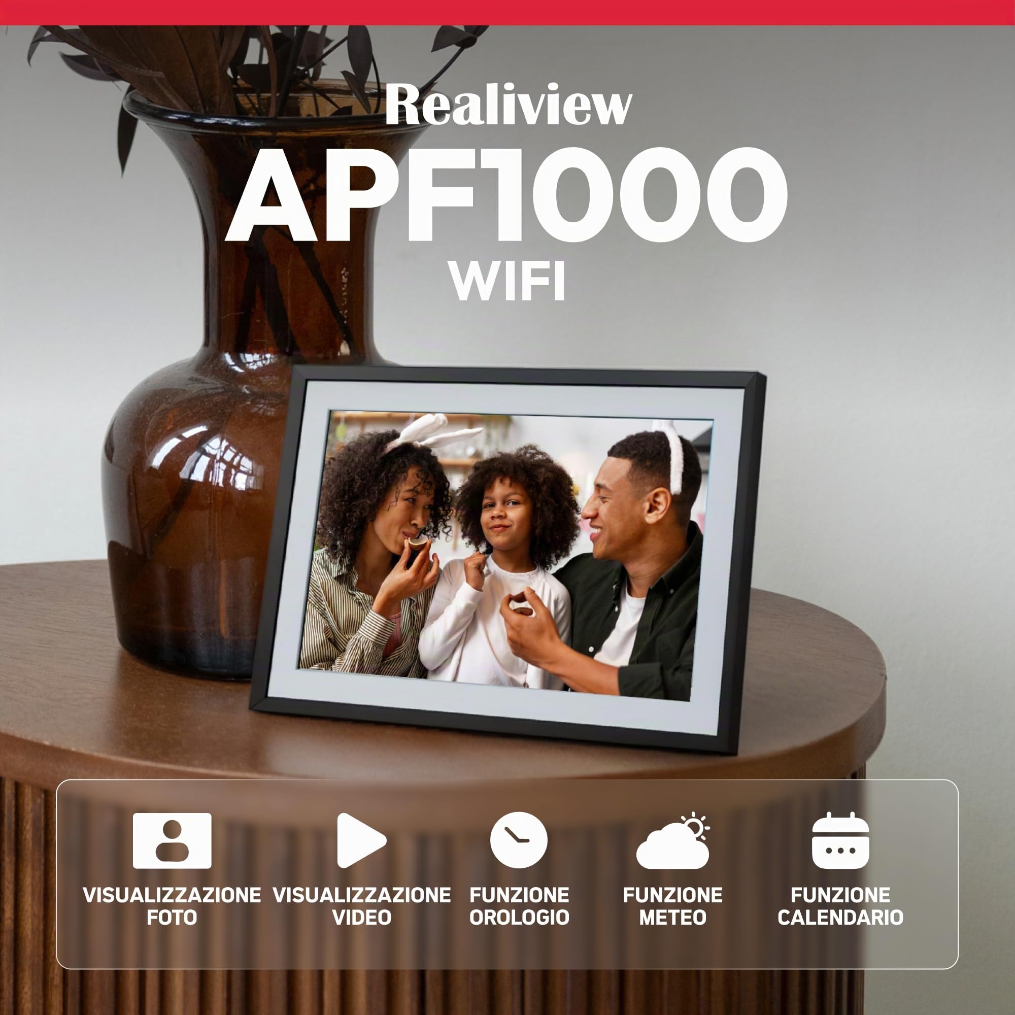 AGFAPHOTO - Realiview APF1000WIFI - Cornice digitale con connessione Wi-Fi - App Frameo, touchscreen HD da 10 pollici, memoria da 32 GB, funzioni meteo/orologio - Nero