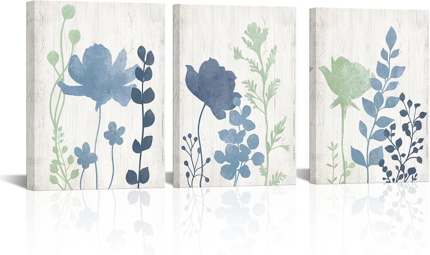 LoveHouse Sage Green and Blue Wall Art Rustic Canvas Paintings Vintage Flower Leaf Art Prints Pictures for Bathrooms Farmhouse Leaves Floral Artwork