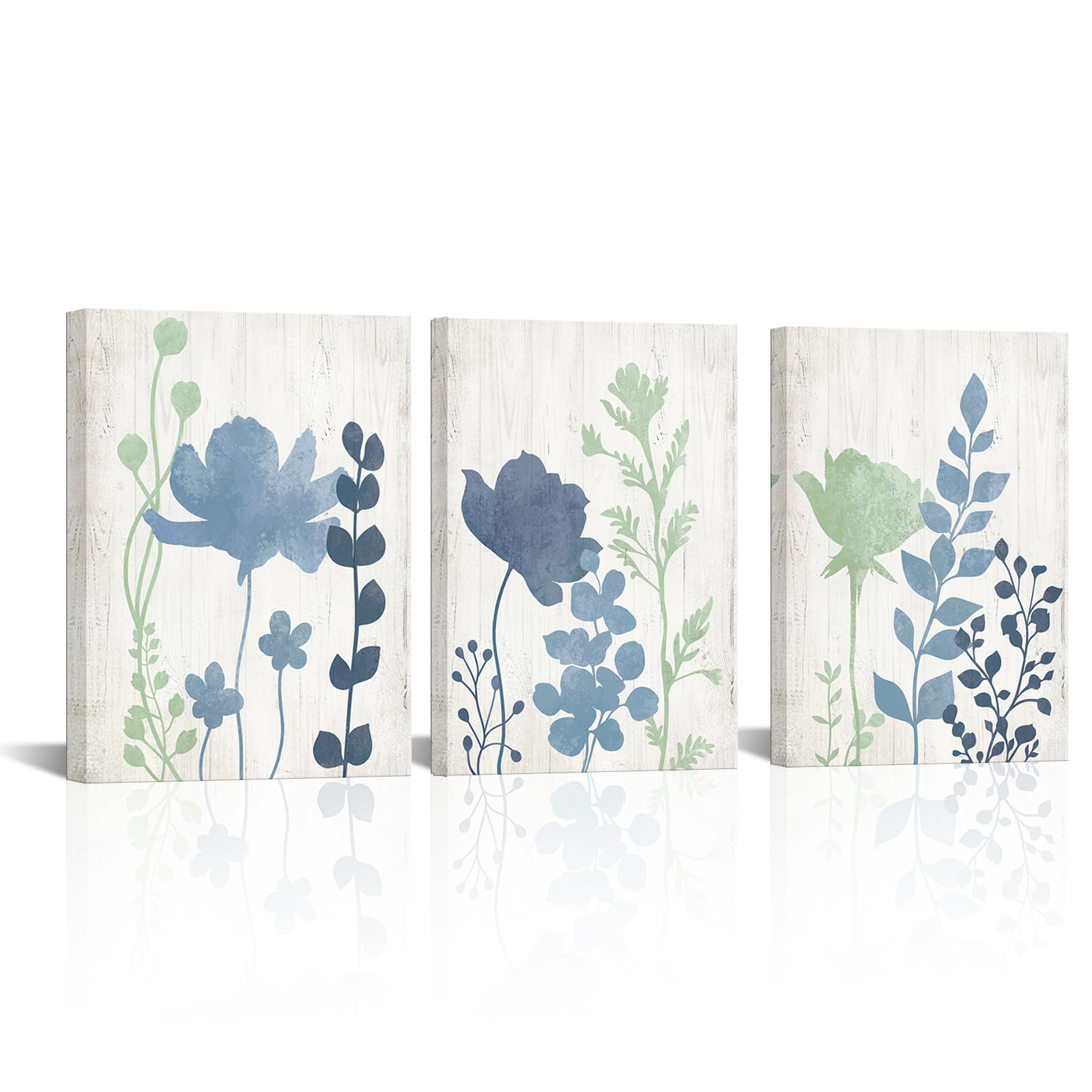 LoveHouse Sage Green and Blue Wall Art Rustic Canvas Paintings Vintage Flower Leaf Art Prints Pictures for Bathrooms Farmhouse Leaves Floral Artwork