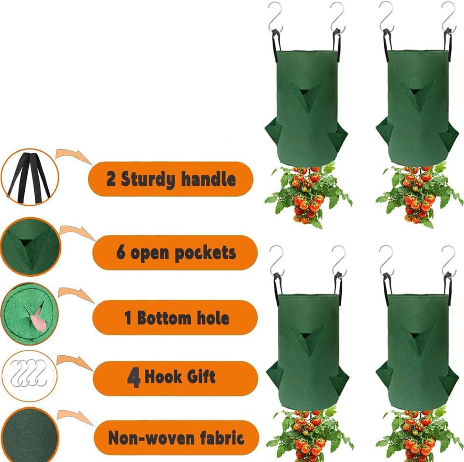 Upside Down Tomato Planter, with 6 Planting Holes, 5 Pieces, Plant Grow Bags, Hanging Strawberry Planter, Versatile Gardening, for Gardens, Patios, Balconies, Greenhouses, Yards, and Indoor Growing