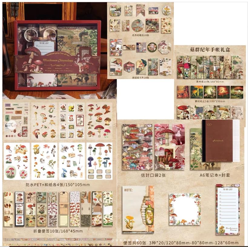 Image of Invite Scrapbook Supplies Kit, Junk Journal Kit with Journaling Supplies, Scrapbook Paper, A6 Grid Notebook, Washi Stickers, Washi Tape, Scrapbook Kit Craft DIY Gift Set (Mashroom Chronology)