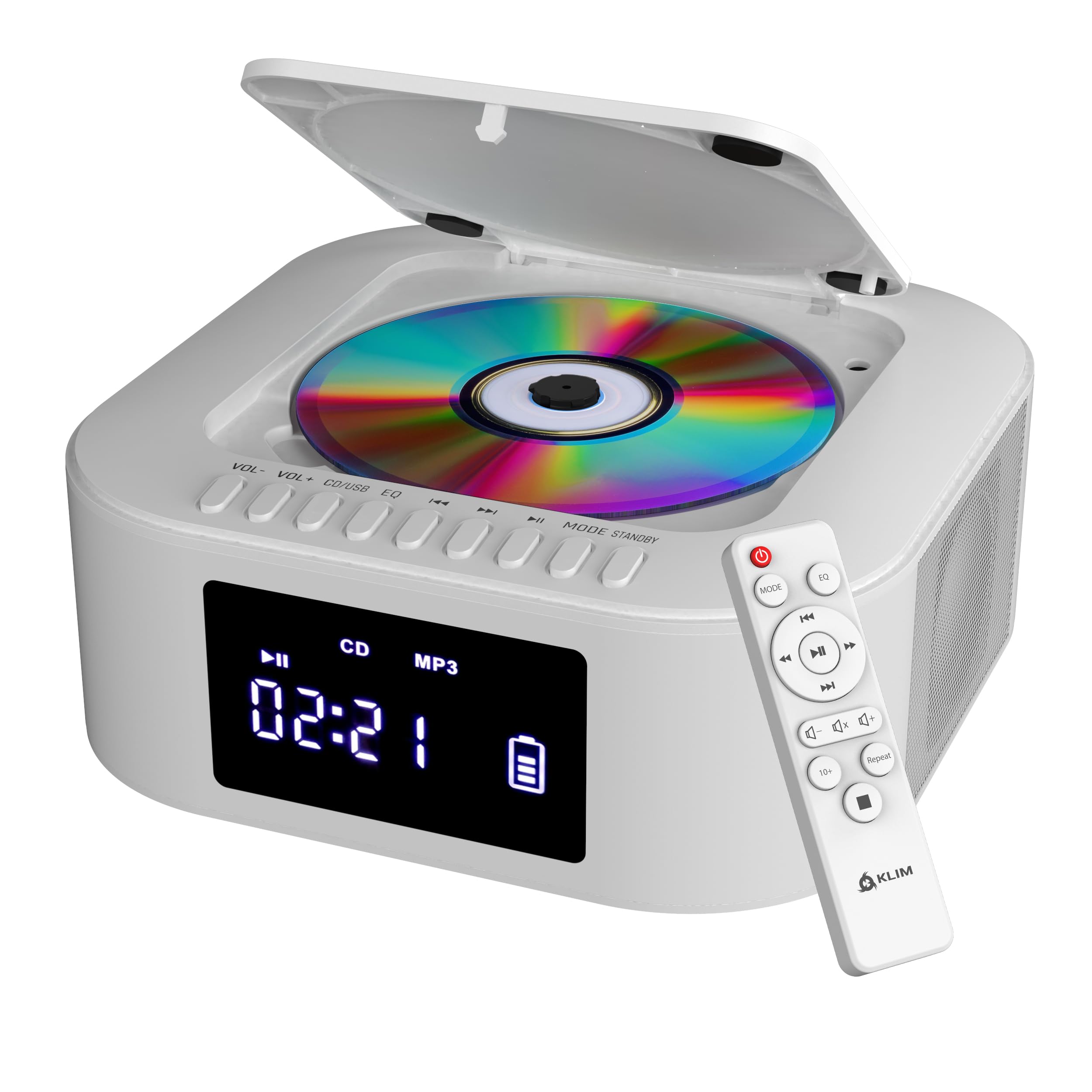 KLIM Boombox E1 - Poste Radio CD Portable - Extra Bass avec Subwoofer - Radio FM, CD, Bluetooth, USB, Bluetooth, MP3 - Mode Filaire et sans Fil avec Piles Rechargeables - Télécommande - Blanc