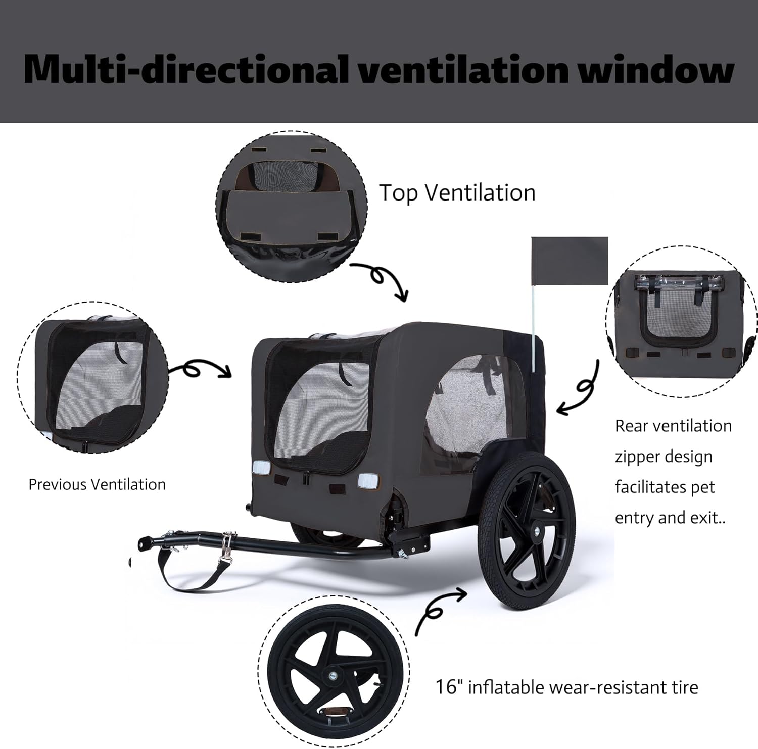 Outdoor Heavy Duty Collapsible Pet Bike Trailer – 16-Inch All-Terrain Wheels, Universal Hitch, Foldable Dog/Cargo Carrier for Bicycles