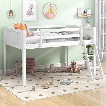 Twin Size Wood Low Loft Bed with Reversible Ladder Position