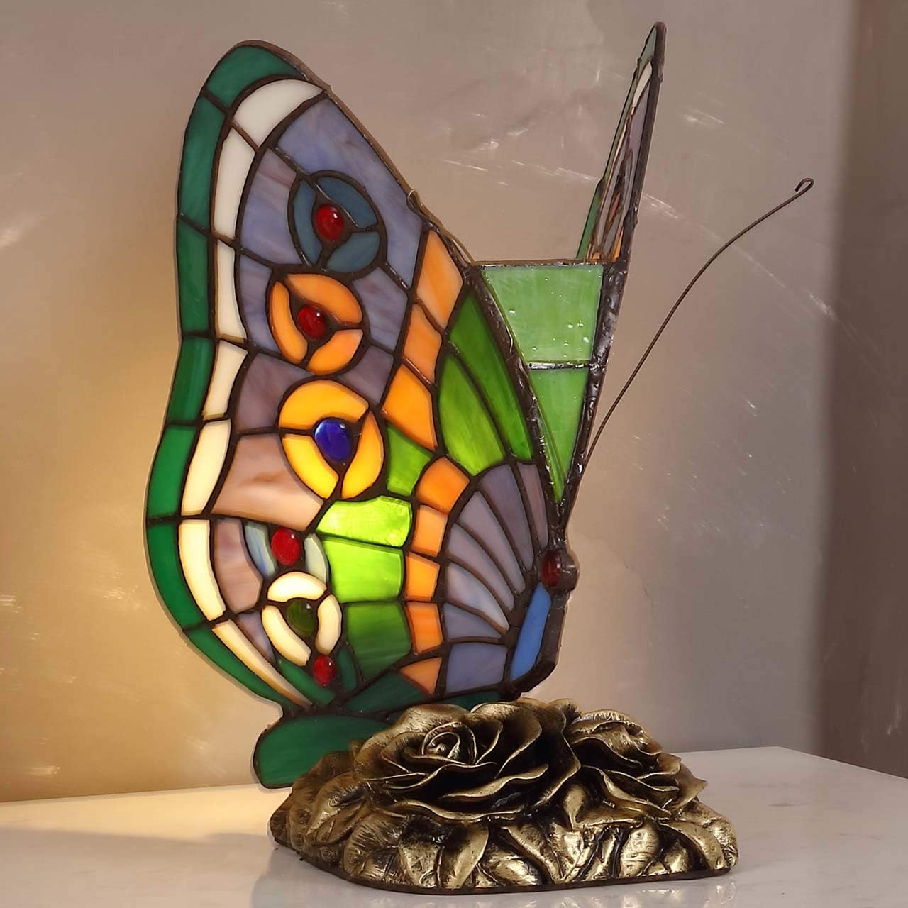 Bieye L10652 Butterfly Tiffany Style Stained Glass Accent Table Lamp, Night Light, 10-inches Tall