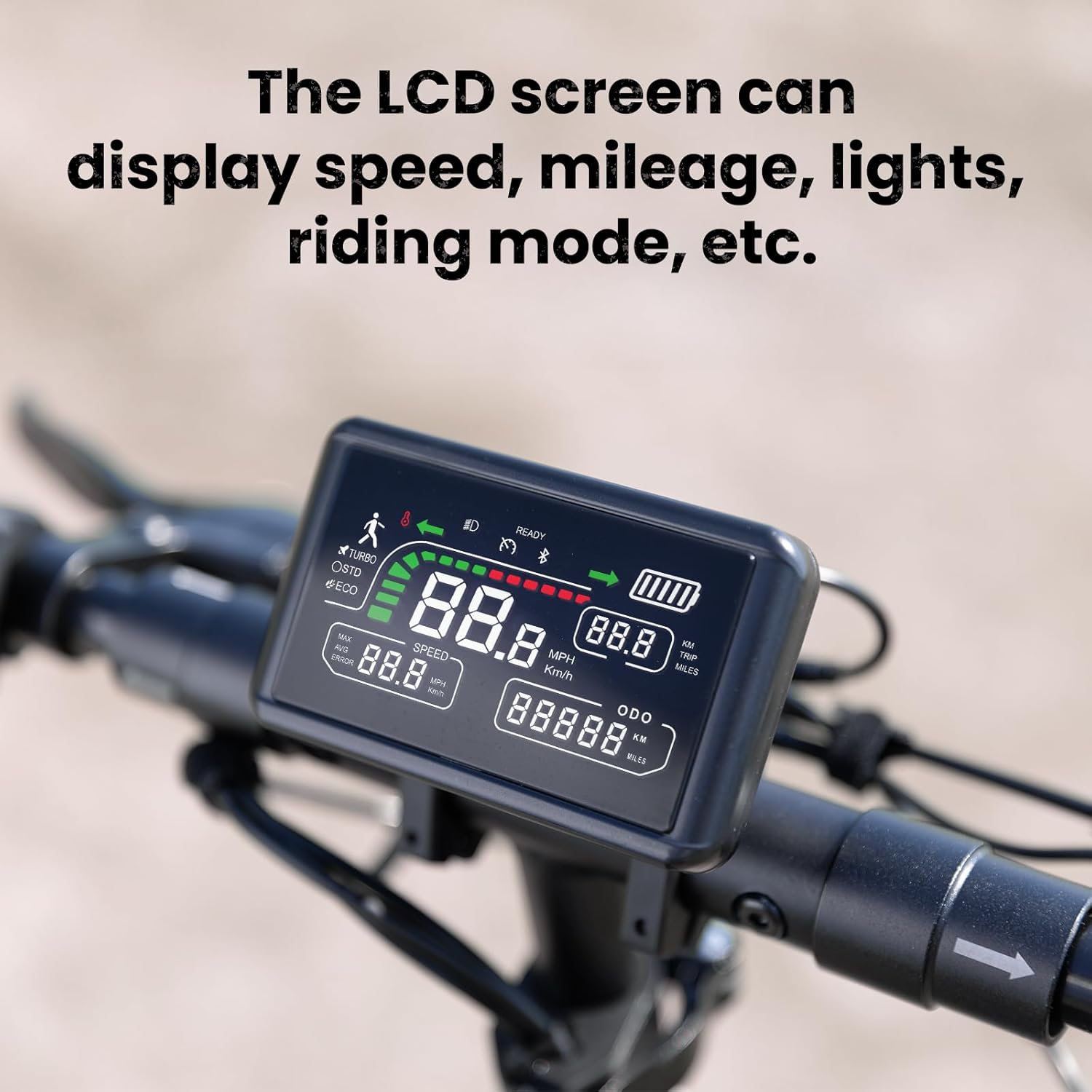 Close-up of the LCD screen displaying speed, mileage, lights, and riding mode