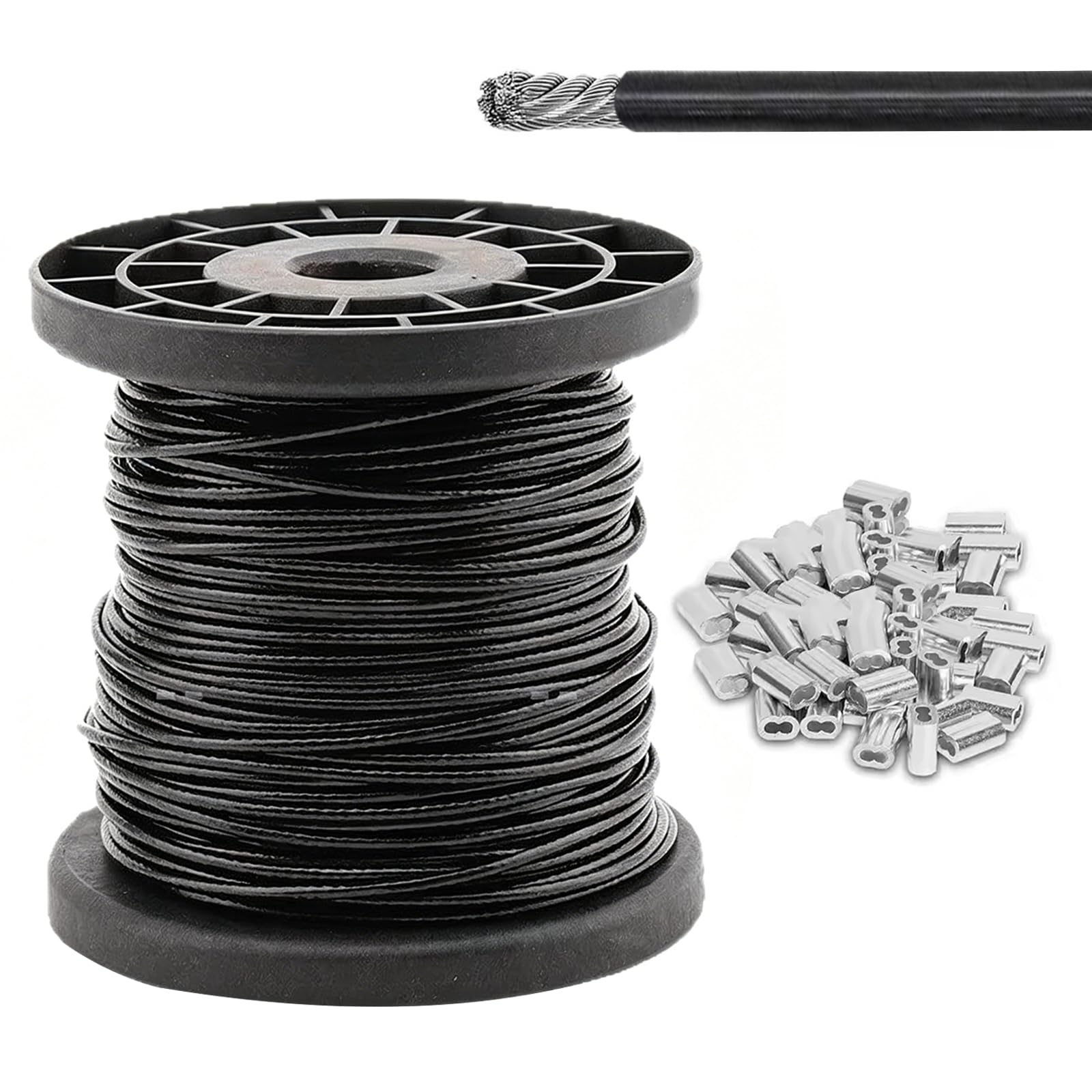 Cable de acero inoxidable de 100 m, cable de acero de 4 mm con revestimiento de PVC negro y 100 casquillos de aluminio, trenzado de 7 x 7, cable de acero inoxidable para tendedero, barandilla, valla y