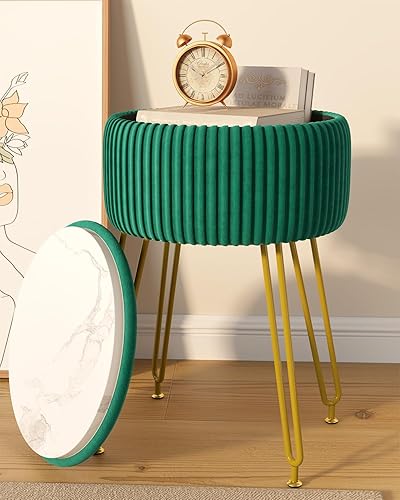 Miniatura 2 de IBUYKE Velvet Storage Footrest Stool Ottoman, Makeup Vanity Stool Side Table with Golden Steel Legs Removable Cover, Coffee Table Top Cover, Green