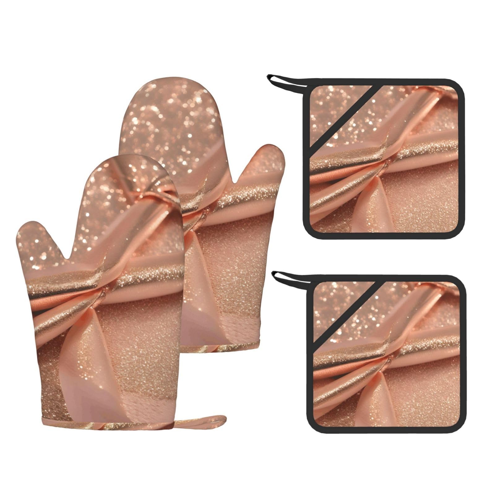 Nimongt Black Rose Gold Glitter Print Heat Resistant Gloves Pads Reusable Kitchen Set Oven Baking Grilling Cooking