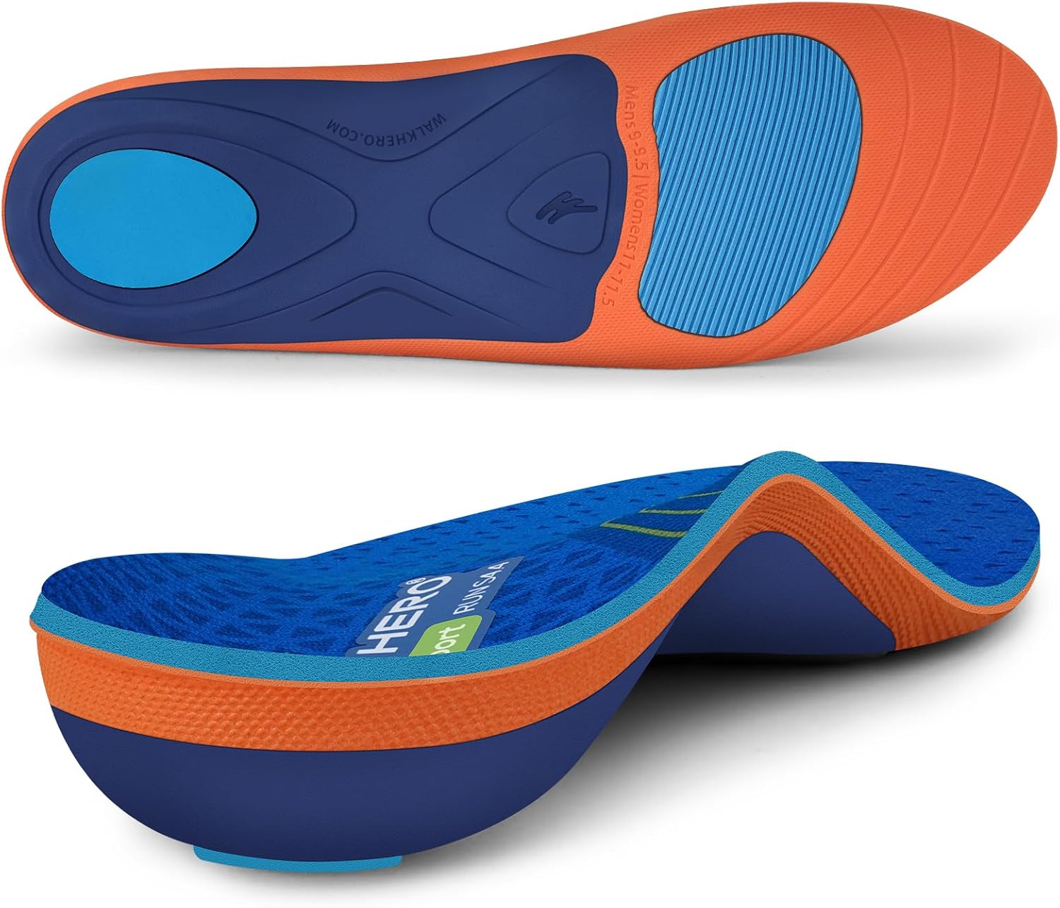 WalkHero Running Insoles - Plantar Fasciitis Insoles and Orthotic Arch Support Shoe Insoles for Men & Women with Shock Absorption and Heel Cushioning Cup - Ocean Blue (Mens 4-4.5 | Womens 6-6.5)