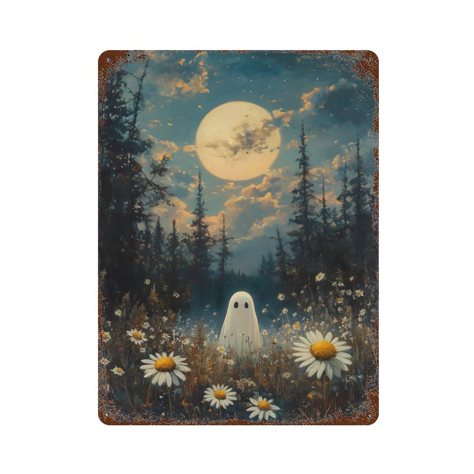 Vintage Rust Metal Sign with Ghost in Moonlight Forest Design 15.7"x11.8", for Shed, Workshop And Garage Wall Decor, Classic Wall Plaque