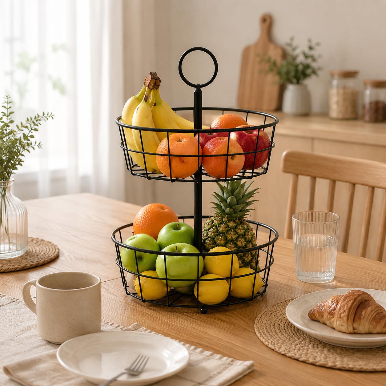 Fruitero de Metal Negro de 2 Pisos, Canastillo Redondo con Asa Arriba y Bandeja Ovalada con Pies de Bola Abajo, Exhibición y Almacenamiento de Frutas para Cocina y Mostrador,29x37cm,XZ-23148