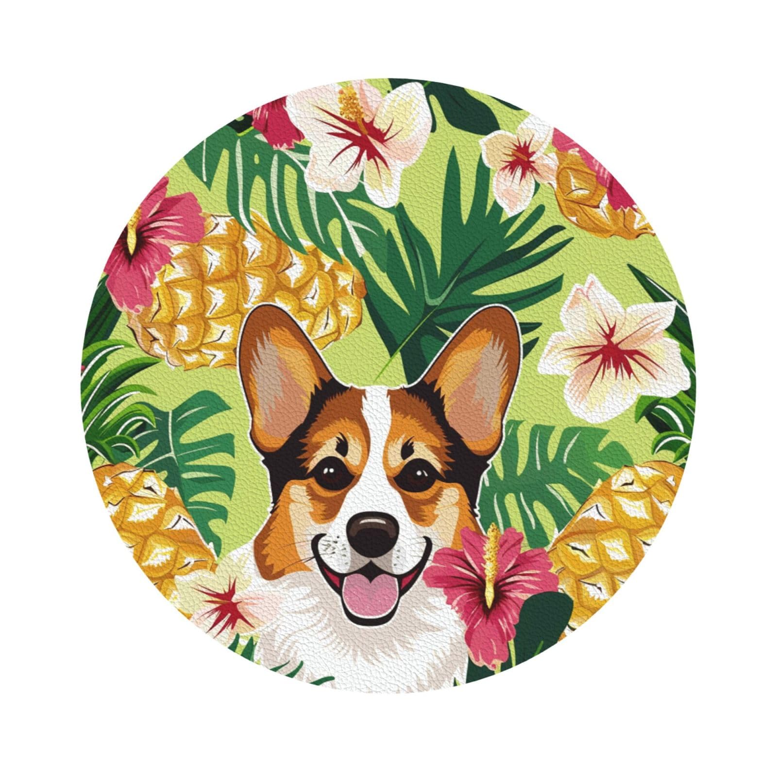 Corgi Hawaiian Tropical Summer Pineapple Print Leather Coaster Set of 6, Round Shape Coasters Table Decorative Coffee Cup Beverage Coasters Wine Beer Bar Coasters for Hot Drinks Table Protection